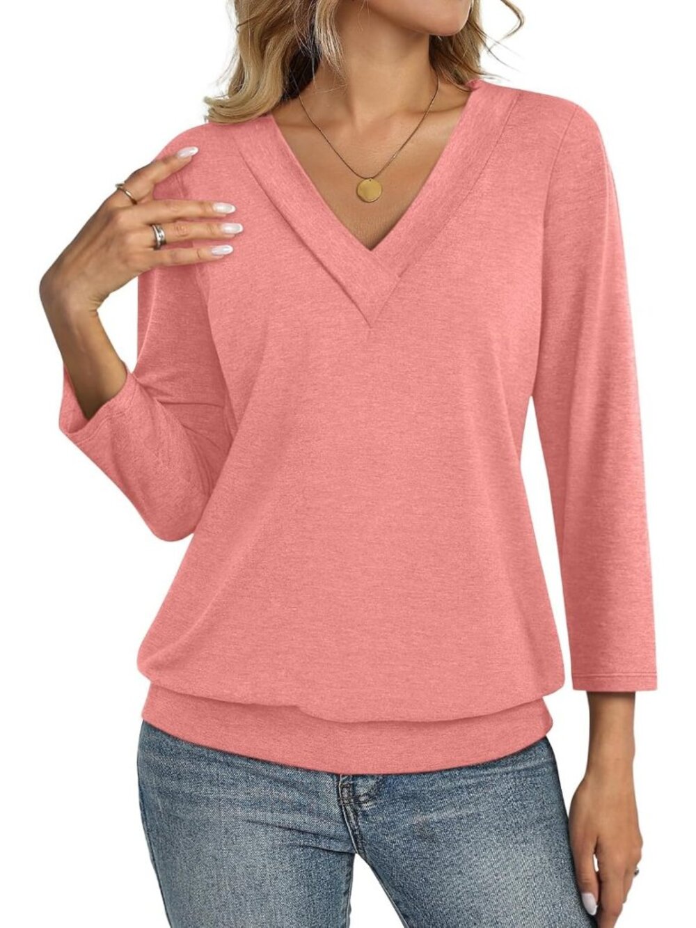 Women's Coral V Neck Cotton Banded Bottom 3/4 Sleeve Shirt Summer Casual Blouses